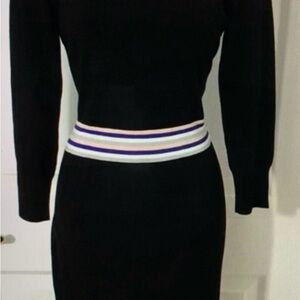 Karen Millen Stretch Navy Ivory Stretch Wool Dress with Striped Waistband Sz M